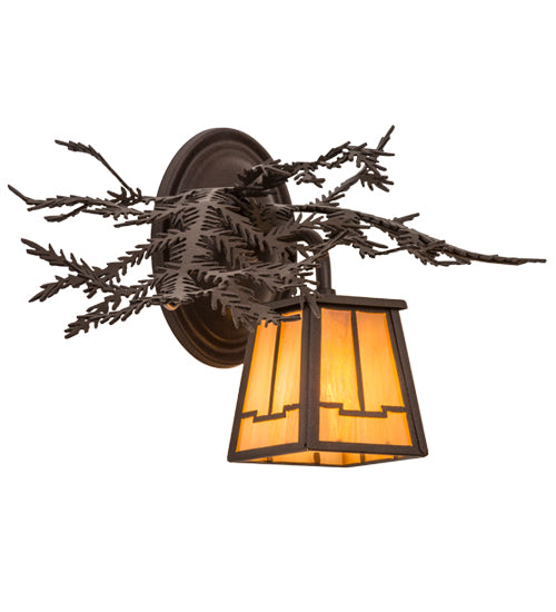 Meyda Lighting Pine Branch 15" Cafe Noir Valley View Left Wall Sconce With Beige Iridescent Shade Glass