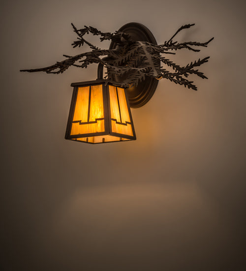 Meyda Lighting Pine Branch 15" Cafe Noir Valley View Right Wall Sconce With Beige Iridescent Shade Glass