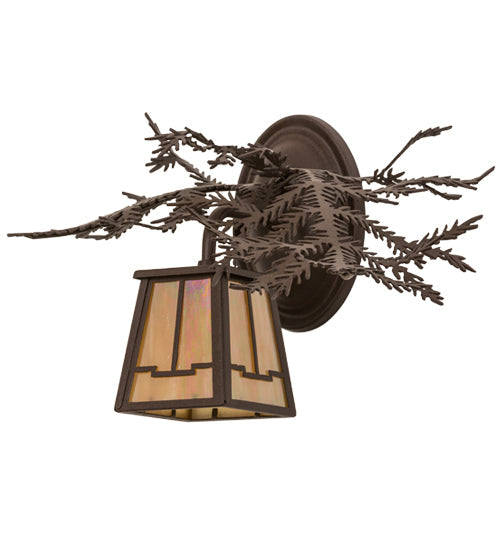 Meyda Lighting Pine Branch 15" Cafe Noir Valley View Right Wall Sconce With Beige Iridescent Shade Glass