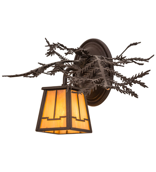 Meyda Lighting Pine Branch 15" Cafe Noir Valley View Right Wall Sconce With Beige Iridescent Shade Glass