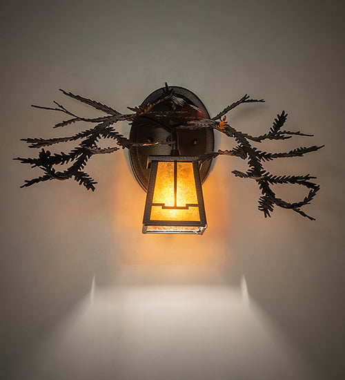 Meyda Lighting Pine Branch 16" Black Satin Wrought Iron Valley View Wall Sconce With Amber Mica Shade Glass