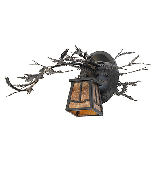 Meyda Lighting Pine Branch 16" Black Satin Wrought Iron Valley View Wall Sconce With Amber Mica Shade Glass