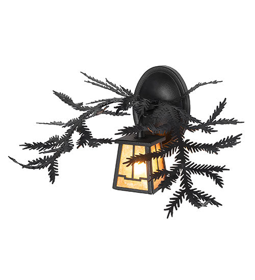 Meyda Lighting Pine Branch 16" Black Satin Wrought Iron Valley View Wall Sconce With Amber Mica Shade Glass