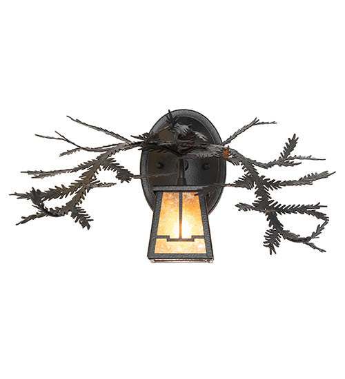 Meyda Lighting Pine Branch 16" Black Satin Wrought Iron Valley View Wall Sconce With Amber Mica Shade Glass