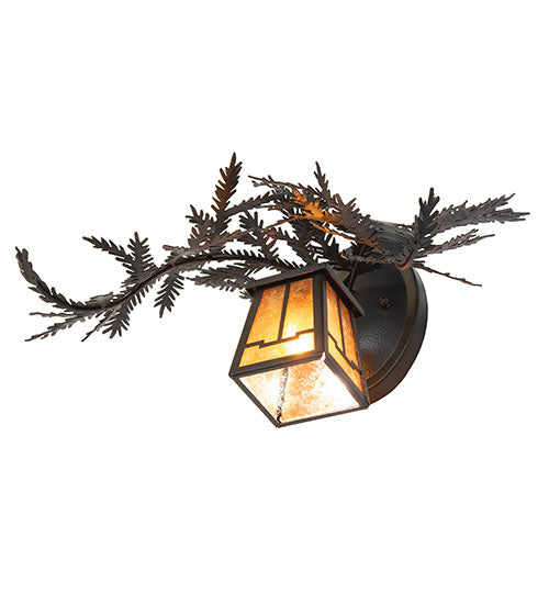 Meyda Lighting Pine Branch 16" Black Satin Wrought Iron Valley View Wall Sconce With Amber Mica Shade Glass