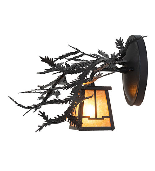 Meyda Lighting Pine Branch 16" Black Satin Wrought Iron Valley View Wall Sconce With Amber Mica Shade Glass