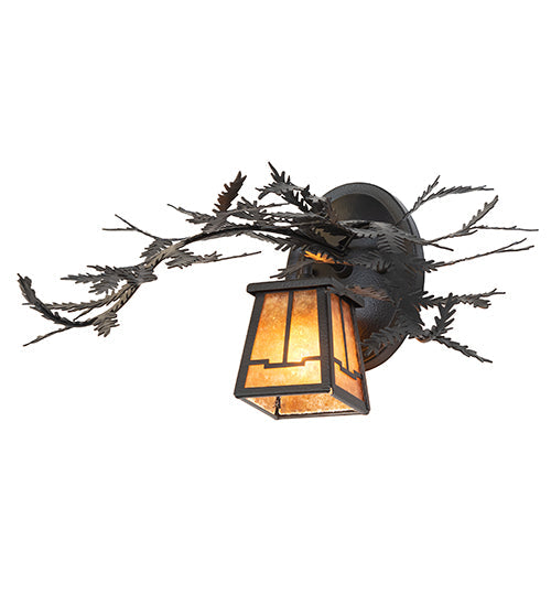 Meyda Lighting Pine Branch 16" Black Satin Wrought Iron Valley View Wall Sconce With Amber Mica Shade Glass