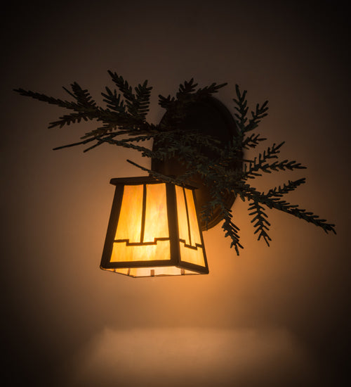 Meyda Lighting Pine Branch 16" Cafe Noir Valley View Left Wall Sconce With Beige Iridescent Shade Glass