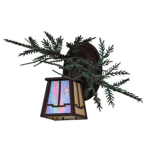 Meyda Lighting Pine Branch 16" Cafe Noir Valley View Left Wall Sconce With Beige Iridescent Shade Glass