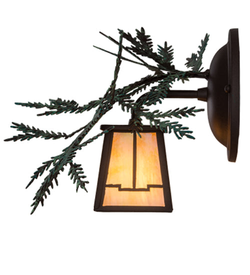 Meyda Lighting Pine Branch 16" Cafe Noir Valley View Left Wall Sconce With Beige Iridescent Shade Glass