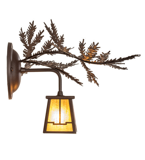 Meyda Lighting Pine Branch 16" Cafe Noir Valley View Left Wall Sconce With Honey Art Shade Glass