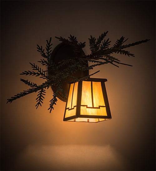 Meyda Lighting Pine Branch 16" Cafe Noir Valley View Right Wall Sconce With Beige Iridescent Shade Glass
