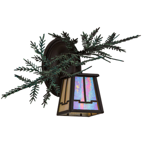 Meyda Lighting Pine Branch 16" Cafe Noir Valley View Right Wall Sconce With Beige Iridescent Shade Glass