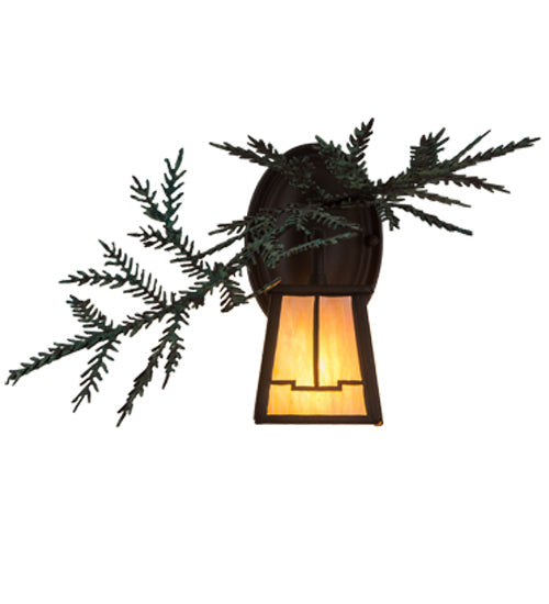 Meyda Lighting Pine Branch 16" Cafe Noir Valley View Right Wall Sconce With Beige Iridescent Shade Glass