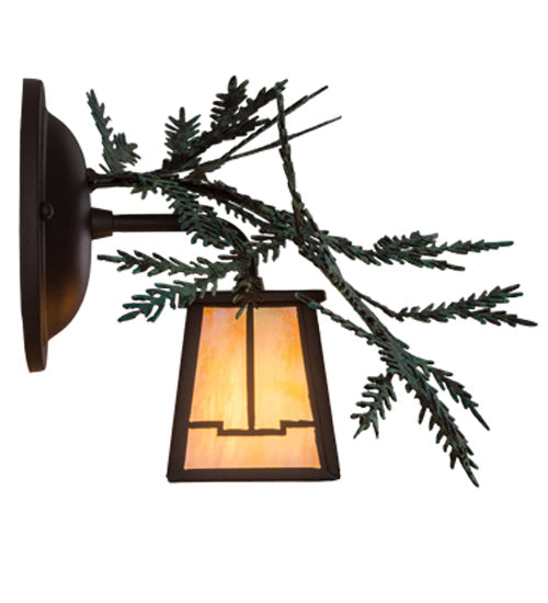 Meyda Lighting Pine Branch 16" Cafe Noir Valley View Right Wall Sconce With Beige Iridescent Shade Glass