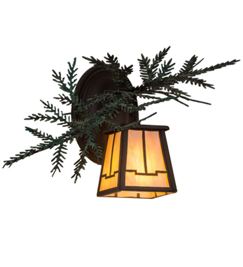 Meyda Lighting Pine Branch 16" Cafe Noir Valley View Right Wall Sconce With Beige Iridescent Shade Glass