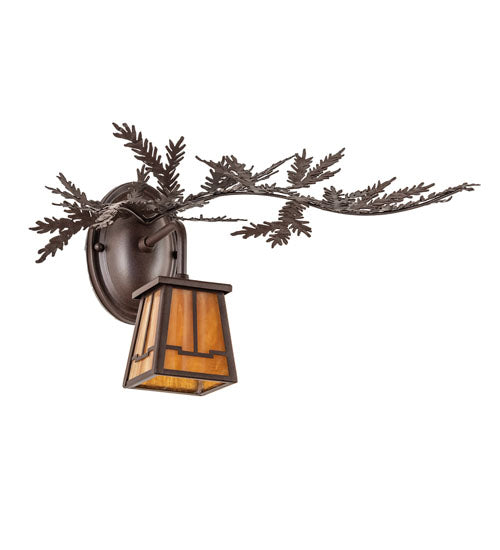 Meyda Lighting Pine Branch 16" Cafe Noir Valley View Right Wall Sconce With Honey Art Shade Glass