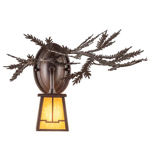 Meyda Lighting Pine Branch 16" Cafe Noir Valley View Right Wall Sconce With Honey Art Shade Glass