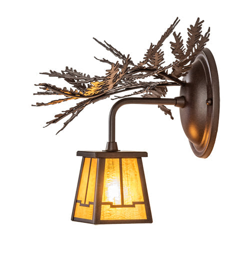 Meyda Lighting Pine Branch 16" Cafe Noir Valley View Right Wall Sconce With Honey Art Shade Glass