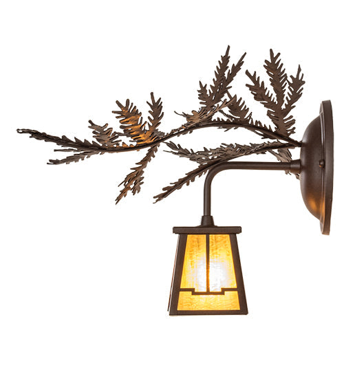 Meyda Lighting Pine Branch 16" Cafe Noir Valley View Right Wall Sconce With Honey Art Shade Glass