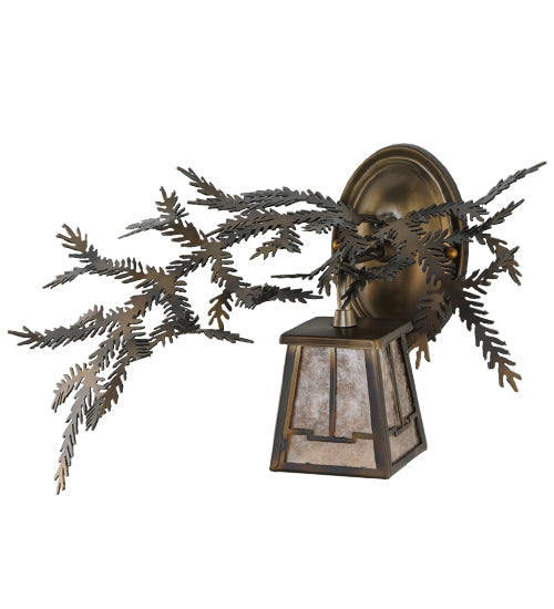 Meyda Lighting Pine Branch 16" Light Burnished Antique Copper Valley View Left Wall Sconce With Silver Mica Shade Glass