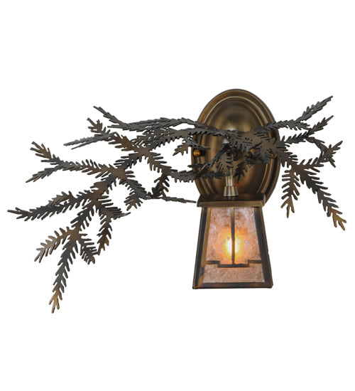 Meyda Lighting Pine Branch 16" Light Burnished Antique Copper Valley View Left Wall Sconce With Silver Mica Shade Glass