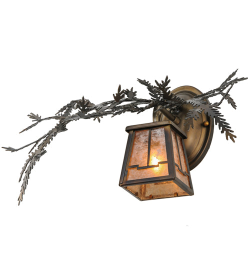 Meyda Lighting Pine Branch 16" Light Burnished Antique Copper Valley View Left Wall Sconce With Silver Mica Shade Glass