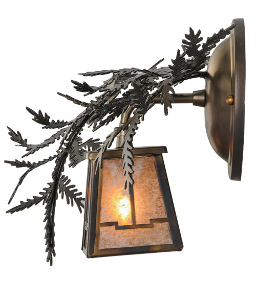 Meyda Lighting Pine Branch 16" Light Burnished Antique Copper Valley View Left Wall Sconce With Silver Mica Shade Glass
