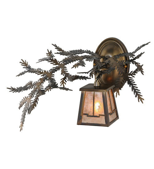 Meyda Lighting Pine Branch 16" Light Burnished Antique Copper Valley View Left Wall Sconce With Silver Mica Shade Glass