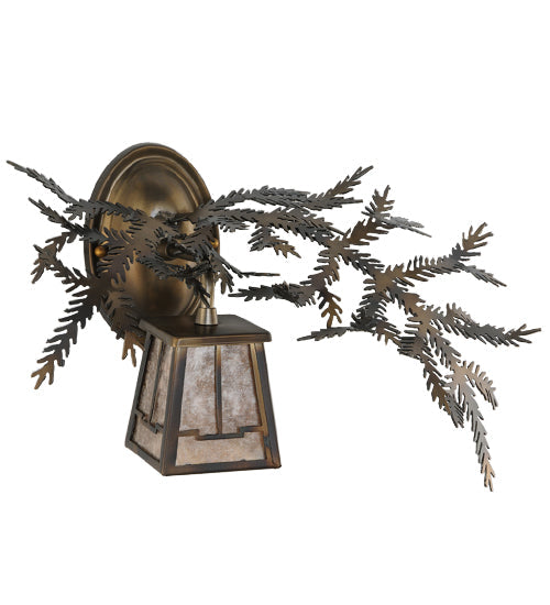 Meyda Lighting Pine Branch 16" Light Burnished Antique Copper Valley View Right Wall Sconce With Silver Mica Shade Glass