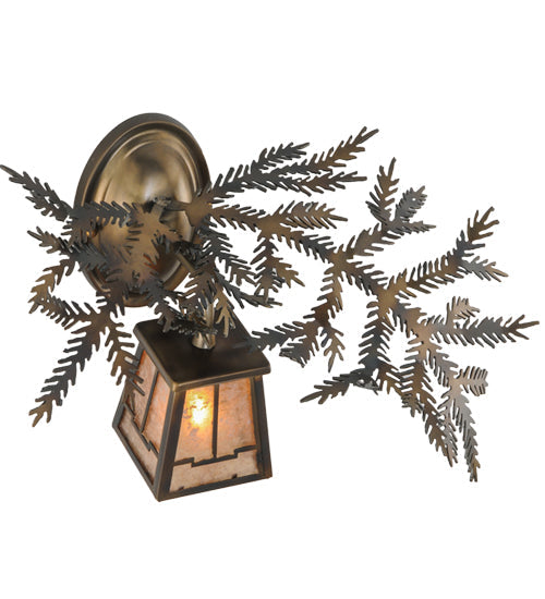 Meyda Lighting Pine Branch 16" Light Burnished Antique Copper Valley View Right Wall Sconce With Silver Mica Shade Glass