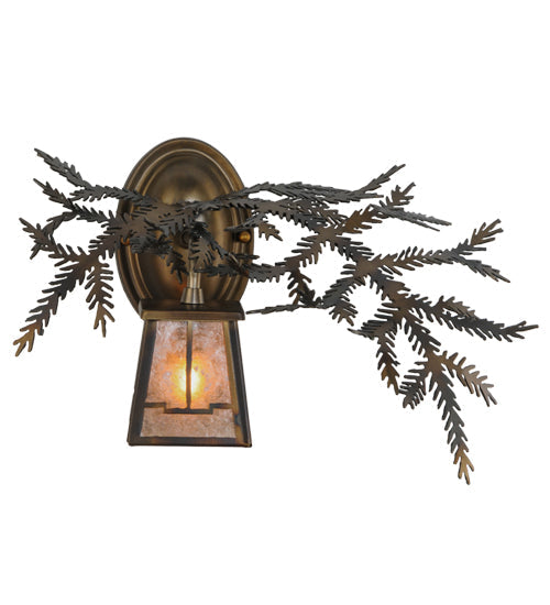 Meyda Lighting Pine Branch 16" Light Burnished Antique Copper Valley View Right Wall Sconce With Silver Mica Shade Glass