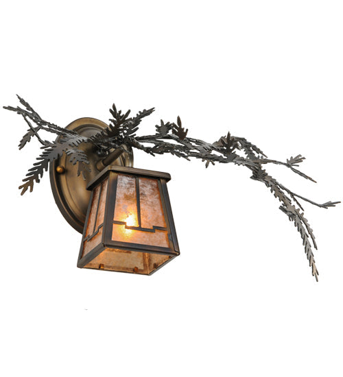 Meyda Lighting Pine Branch 16" Light Burnished Antique Copper Valley View Right Wall Sconce With Silver Mica Shade Glass