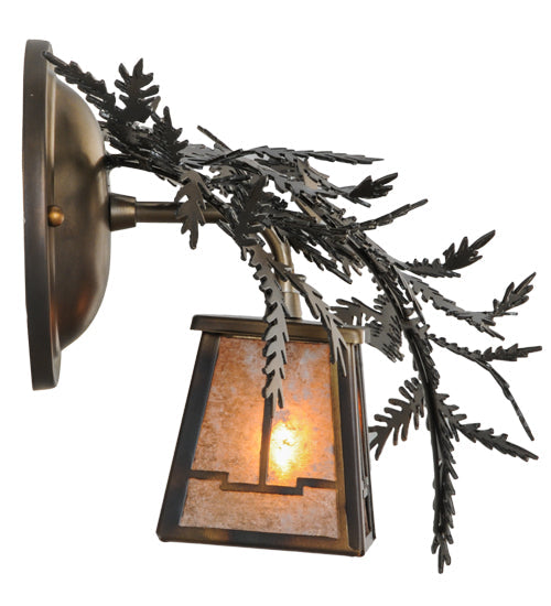 Meyda Lighting Pine Branch 16" Light Burnished Antique Copper Valley View Right Wall Sconce With Silver Mica Shade Glass