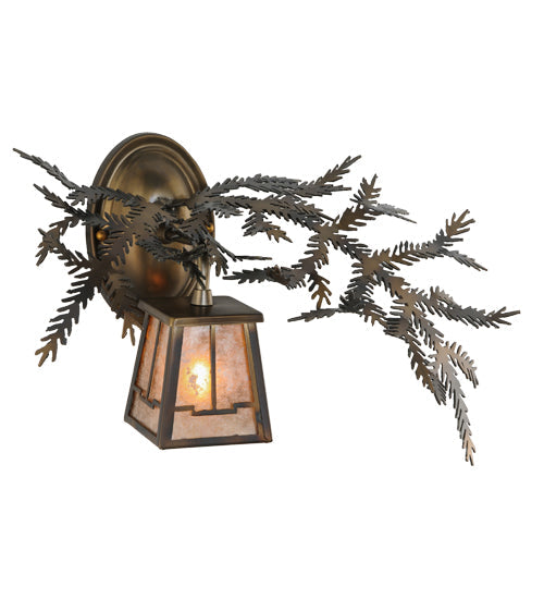 Meyda Lighting Pine Branch 16" Light Burnished Antique Copper Valley View Right Wall Sconce With Silver Mica Shade Glass