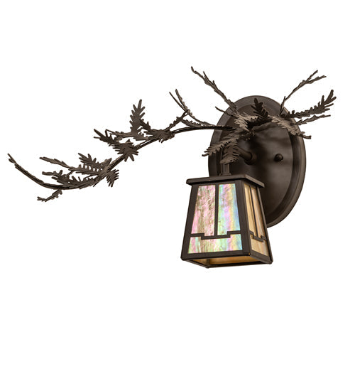 Meyda Lighting Pine Branch 16" Oil Rubbed Bronze Valley View Left Wall Sconce With Beige Iridescent Shade Glass