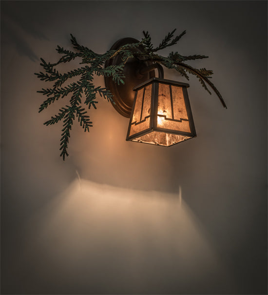 Meyda Lighting Pine Branch 16" Timeless Bronze Valley View Left Wall Sconce With Silver Mica Shade Glass