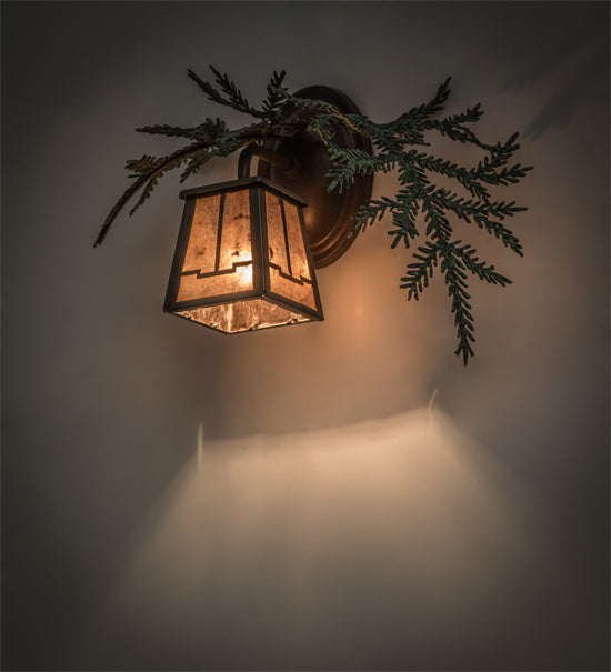 Meyda Lighting Pine Branch 16" Timeless Bronze Valley View Right Wall Sconce With Silver Mica Shade Glass