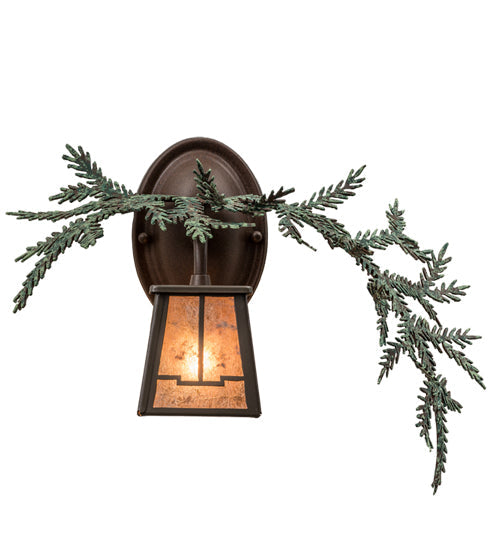 Meyda Lighting Pine Branch 16" Timeless Bronze Valley View Right Wall Sconce With Silver Mica Shade Glass