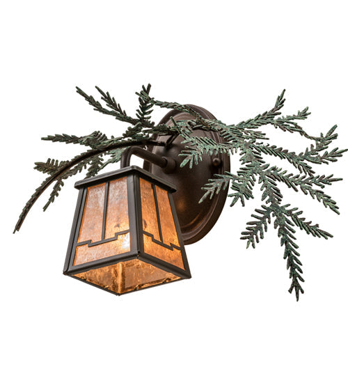 Meyda Lighting Pine Branch 16" Timeless Bronze Valley View Right Wall Sconce With Silver Mica Shade Glass