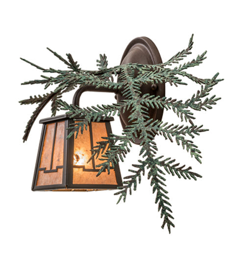 Meyda Lighting Pine Branch 16" Timeless Bronze Valley View Right Wall Sconce With Silver Mica Shade Glass