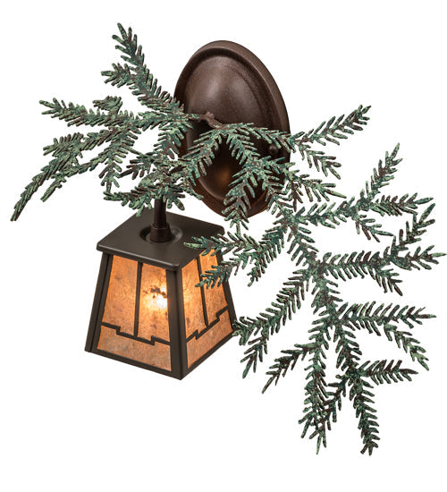 Meyda Lighting Pine Branch 16" Timeless Bronze Valley View Right Wall Sconce With Silver Mica Shade Glass