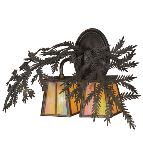 Meyda Lighting Pine Branch 17" 2-Light Antique Copper Valley View Wall Sconce With Beige Iridescent Shade Glass