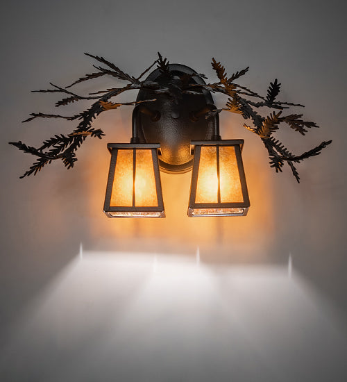 Meyda Lighting Pine Branch 17" 2-Light Black Satin Wrought Iron Valley View Wall Sconce With Amber Mica Shade Glass