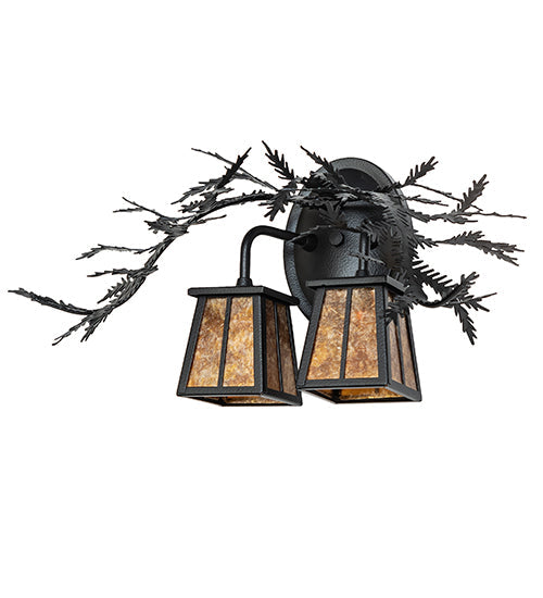 Meyda Lighting Pine Branch 17" 2-Light Black Satin Wrought Iron Valley View Wall Sconce With Amber Mica Shade Glass