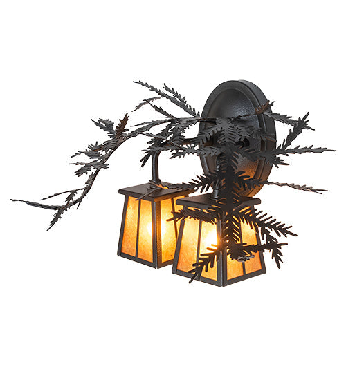 Meyda Lighting Pine Branch 17" 2-Light Black Satin Wrought Iron Valley View Wall Sconce With Amber Mica Shade Glass