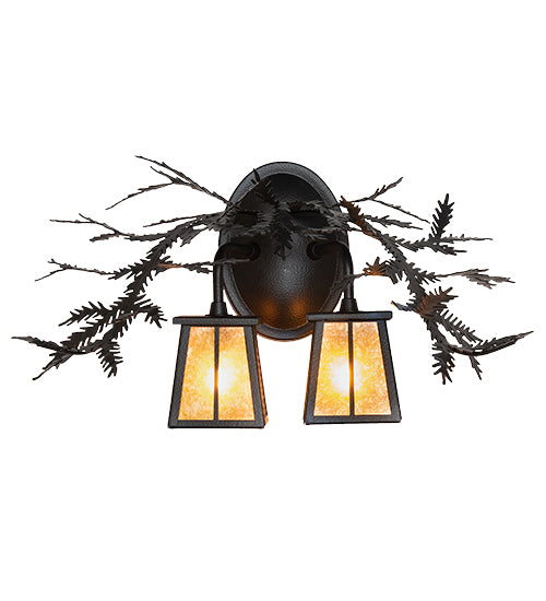 Meyda Lighting Pine Branch 17" 2-Light Black Satin Wrought Iron Valley View Wall Sconce With Amber Mica Shade Glass