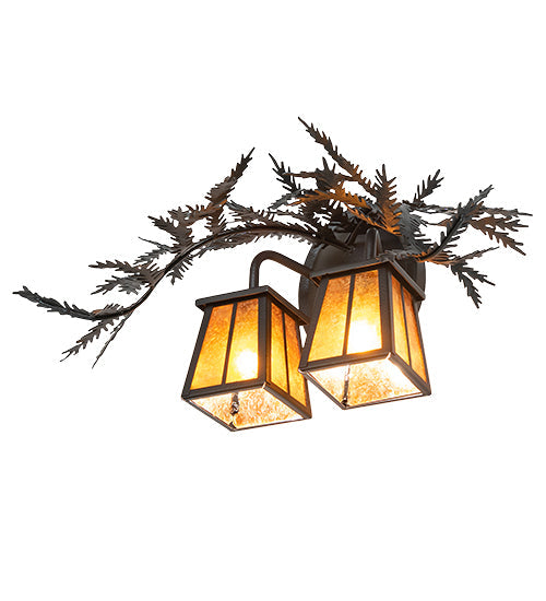 Meyda Lighting Pine Branch 17" 2-Light Black Satin Wrought Iron Valley View Wall Sconce With Amber Mica Shade Glass