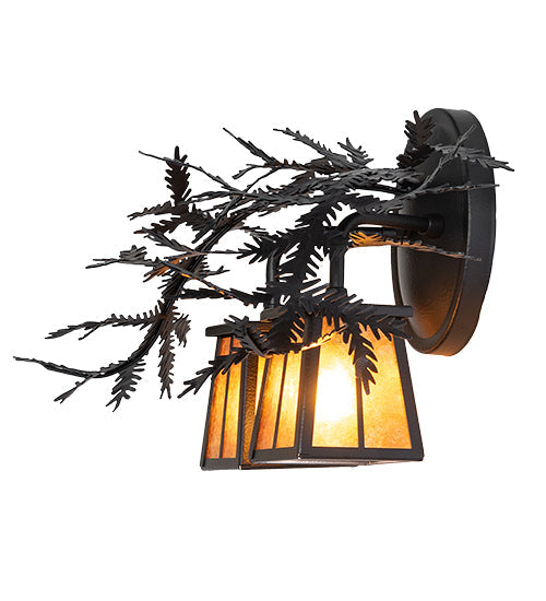 Meyda Lighting Pine Branch 17" 2-Light Black Satin Wrought Iron Valley View Wall Sconce With Amber Mica Shade Glass