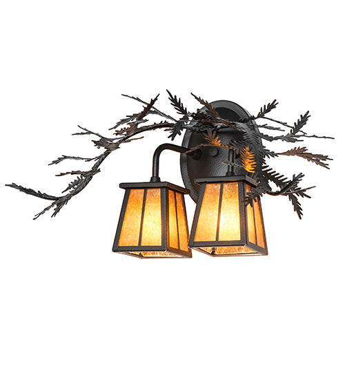 Meyda Lighting Pine Branch 17" 2-Light Black Satin Wrought Iron Valley View Wall Sconce With Amber Mica Shade Glass
